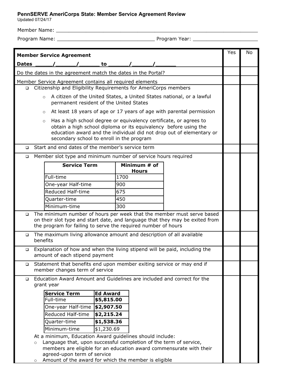 Pennserve Americorps State: Member Service Agreement Review