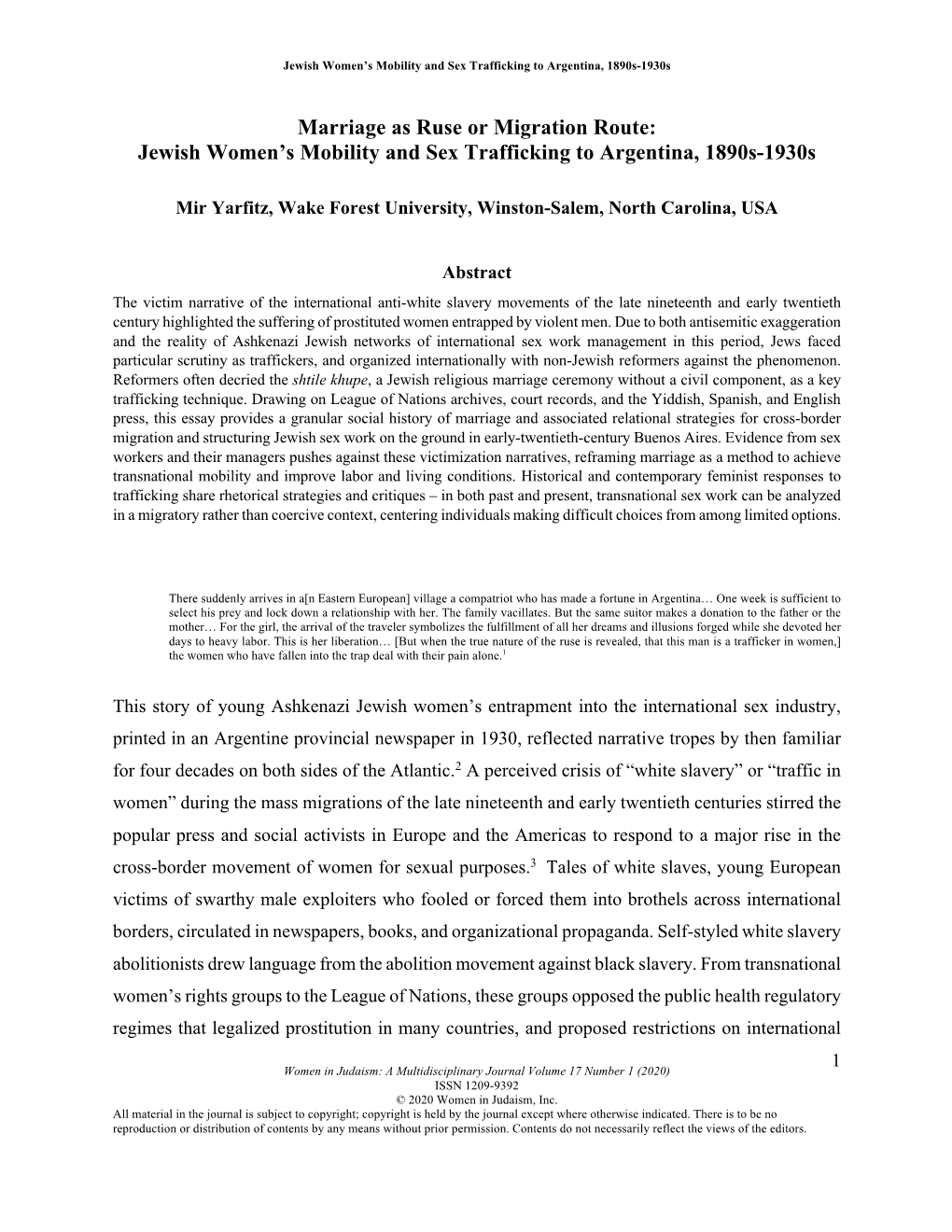 Marriage As Ruse Or Migration Route: Jewish Women's Mobility and Sex