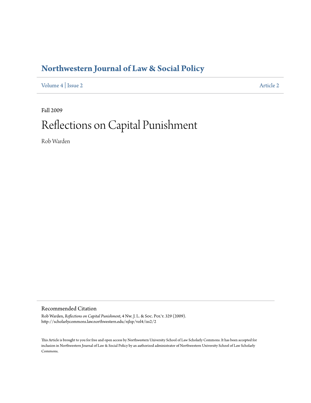 Reflections on Capital Punishment Rob Warden