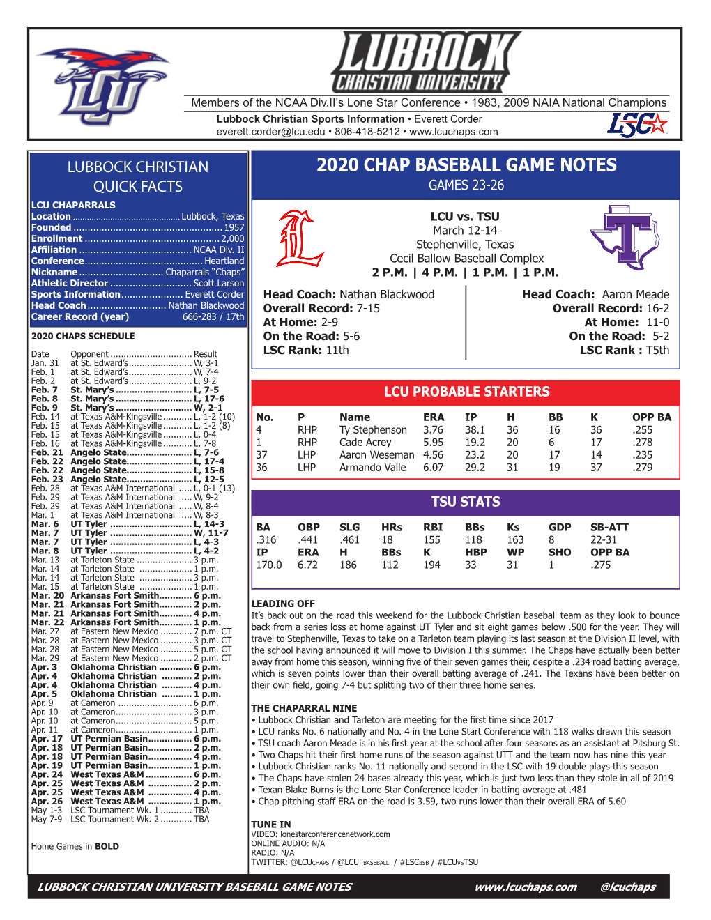 2020 CHAP BASEBALL GAME NOTES QUICK FACTS GAMES 23-26 LCU CHAPARRALS Location