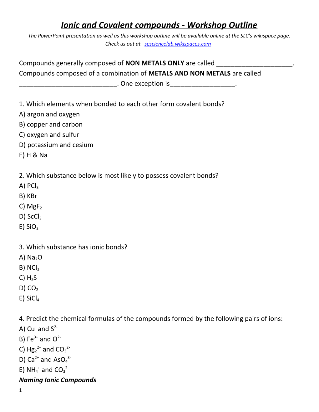 Ionic and Covalent Compounds - Workshop Outline