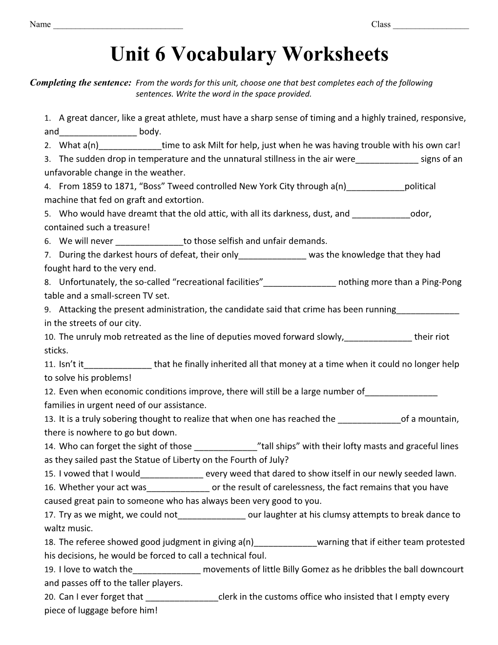 Unit 6 Vocabulary Worksheets