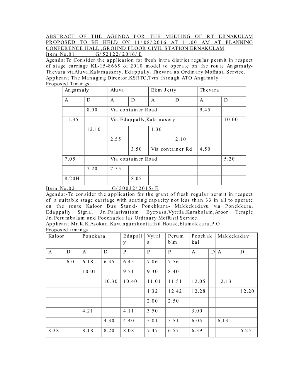 Abstract of the Agenda for the Meeting of Rt Ernakulam Proposed to Be Held on 11/08/2016 at 11.00 Am at Planning Conference Hall