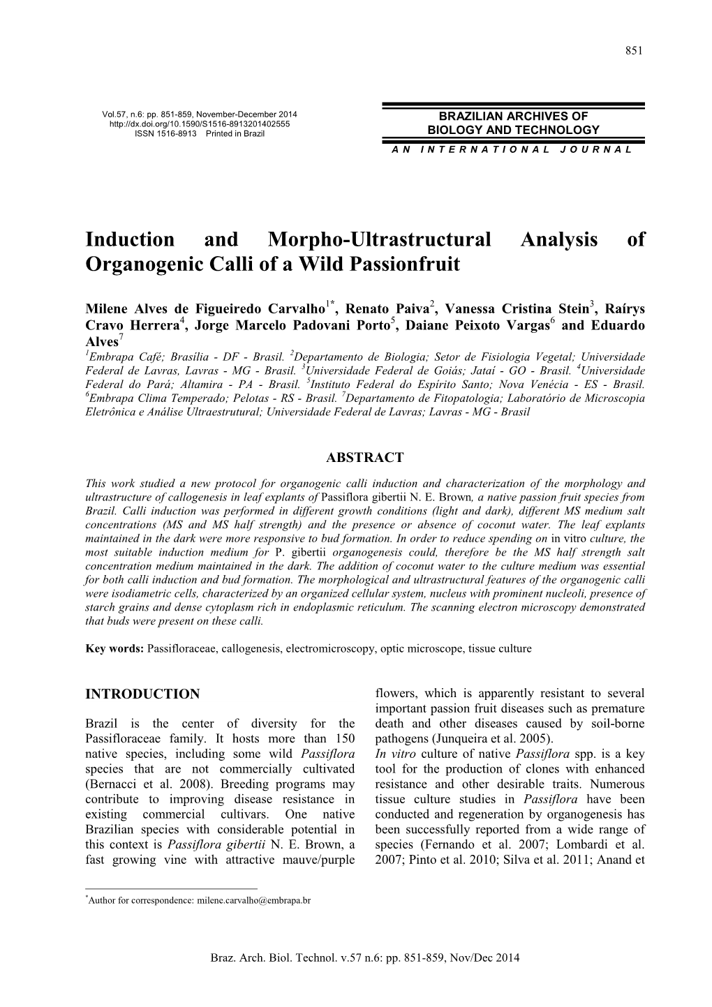 Induction and Morpho-Ultrastructural Analysis of Organogenic Calli of a Wild Passionfruit