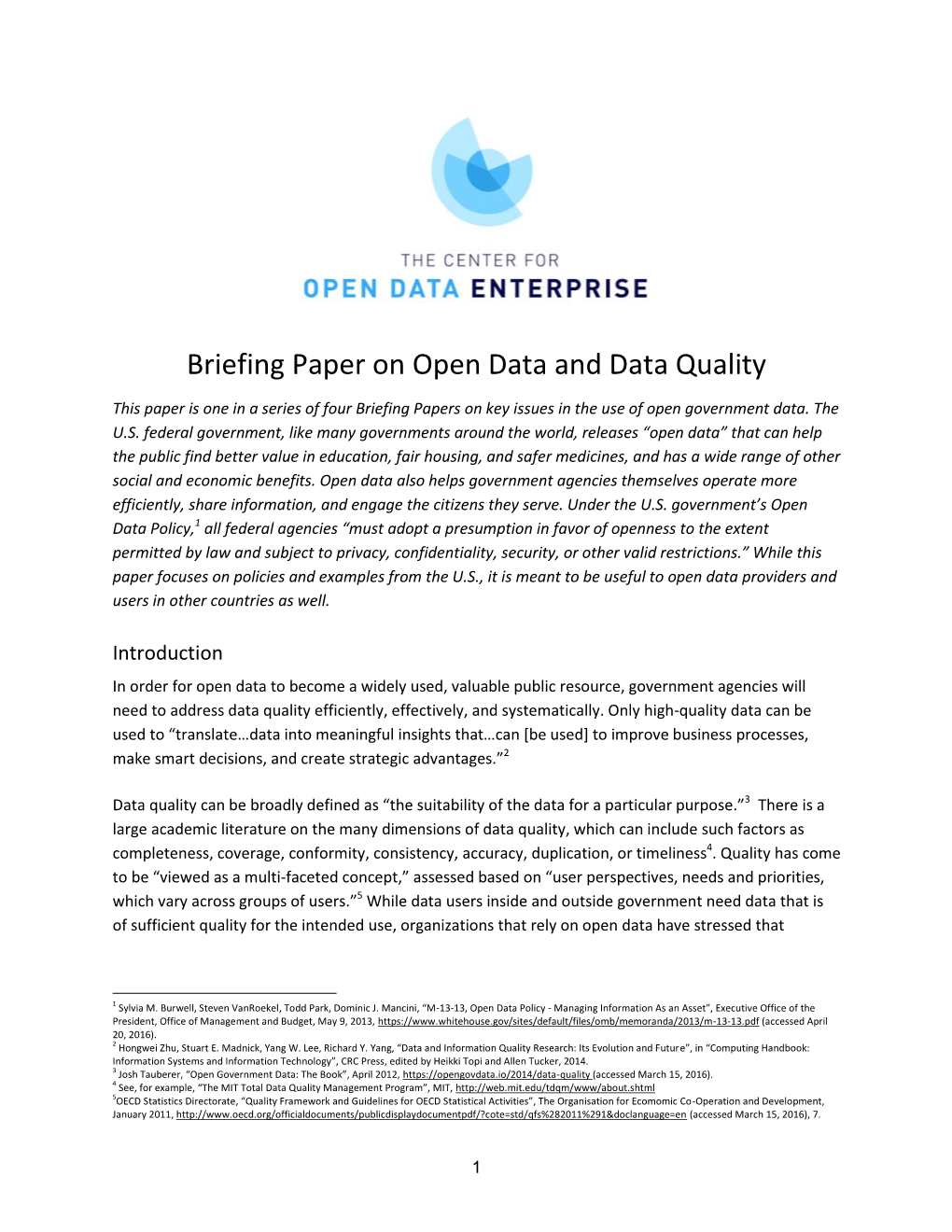 Briefing Paper on Open Data and Data Quality