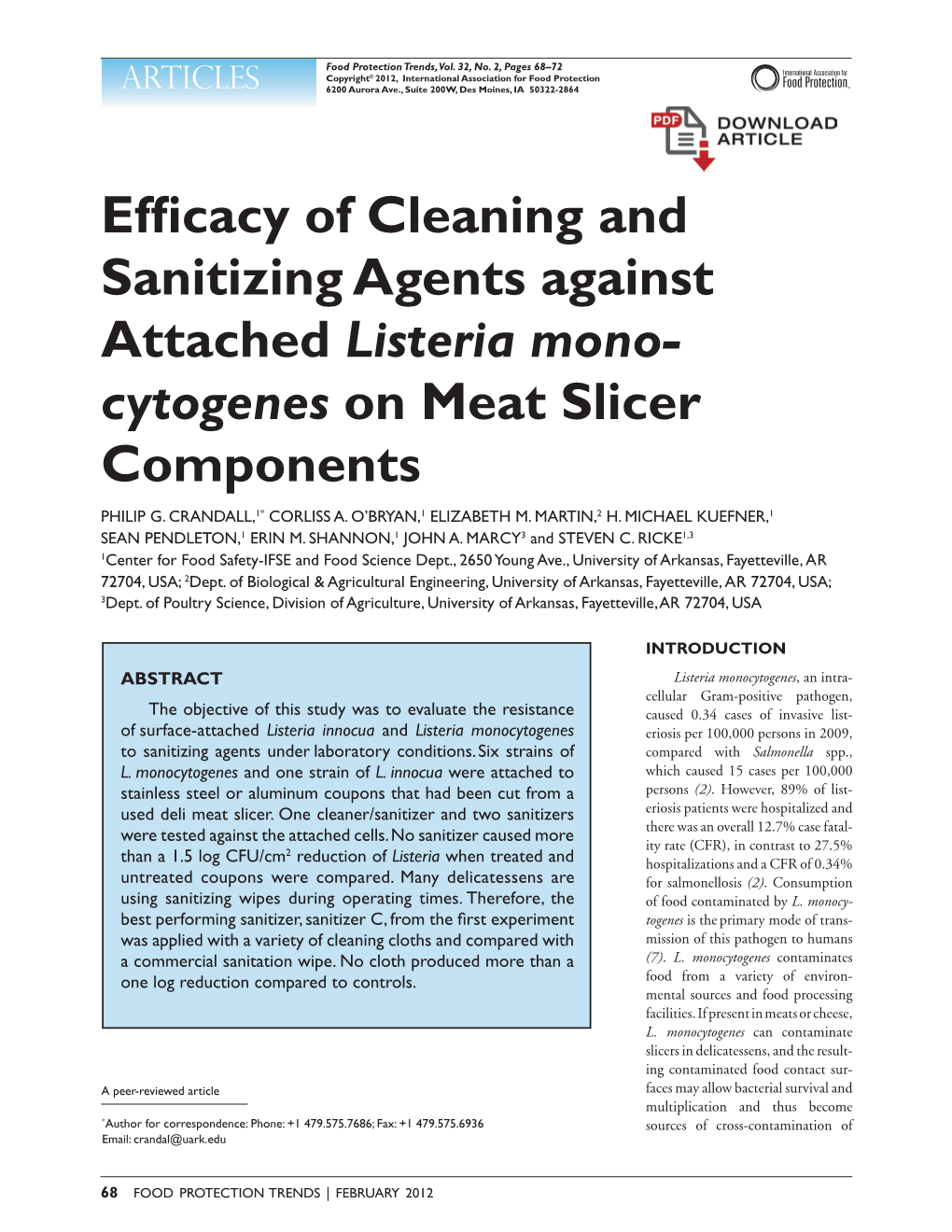 Efficacy of Cleaning and Sanitizing Agents Against Attached Listeria Mono- Cytogenes on Meat Slicer Components Philip G