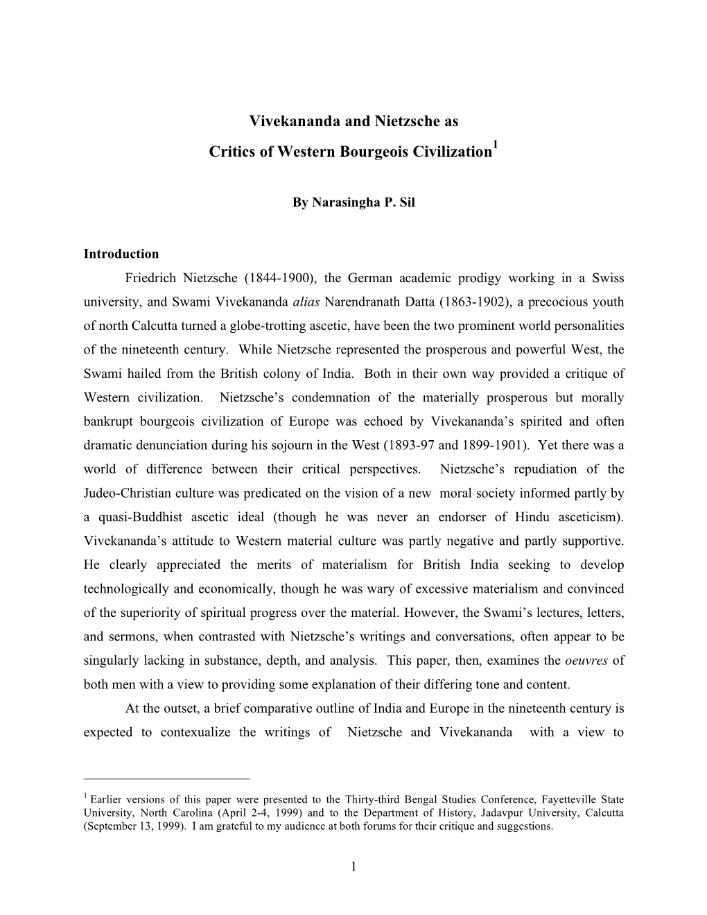 Vivekananda and Nietzsche As Critics of Western Bourgeois Civilization1