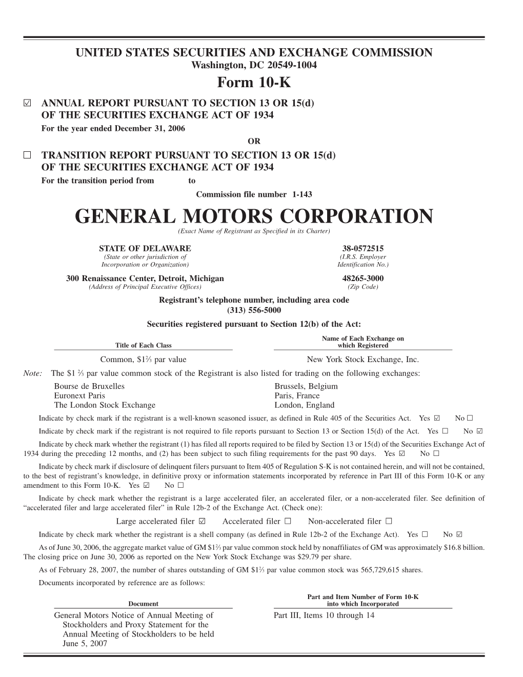 GENERAL MOTORS CORPORATION (Exact Name of Registrant As Specified in Its Charter)