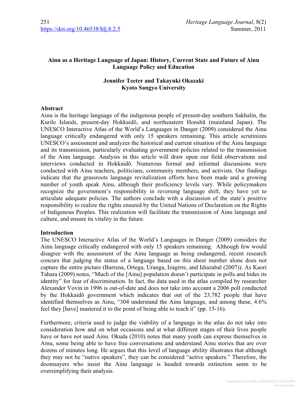 Ainu As a Heritage Language of Japan: History, Current State and Future of Ainu Language Policy and Education