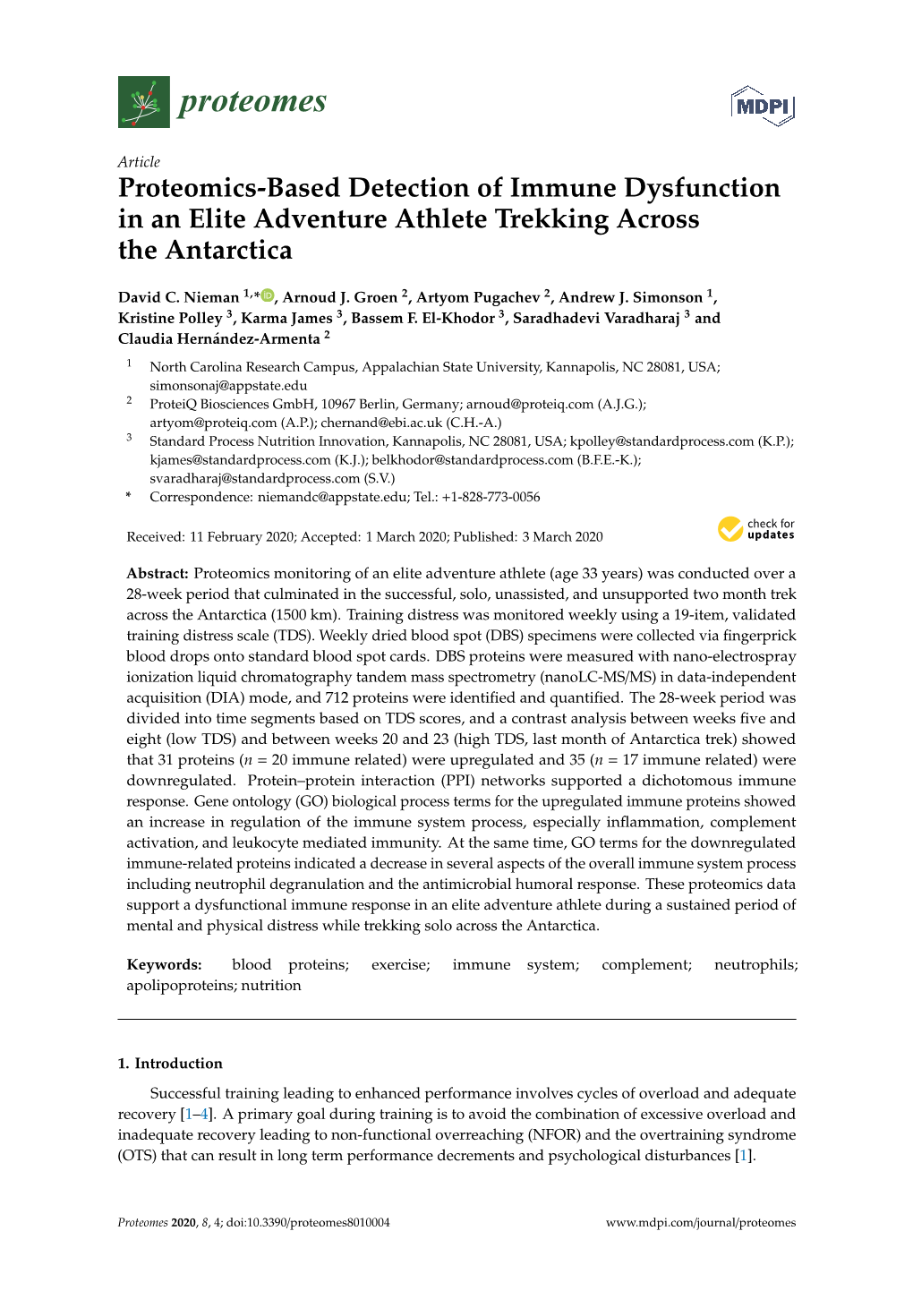 Proteomics-Based Detection of Immune Dysfunction in an Elite Adventure Athlete Trekking Across the Antarctica