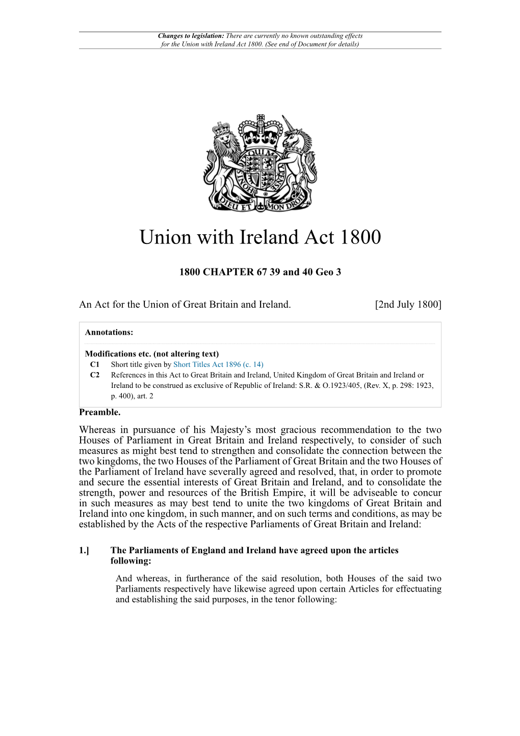 Union with Ireland Act 1800