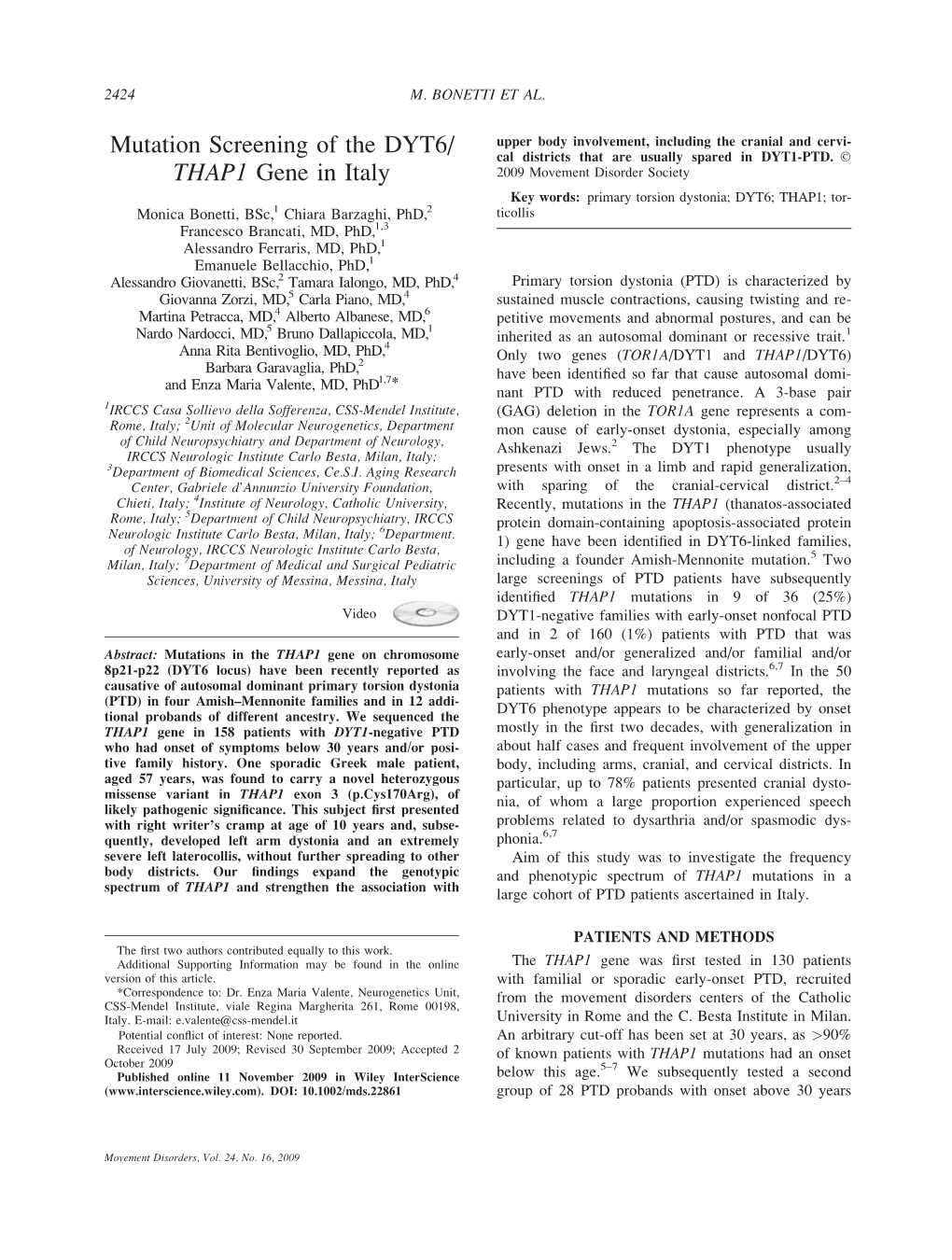 Mutation Screening of the DYT6/THAP1 Gene in Italy