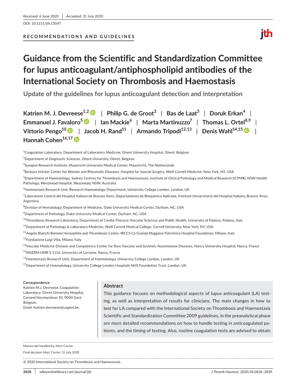 Guidance from the Scientific and Standardization Committee For