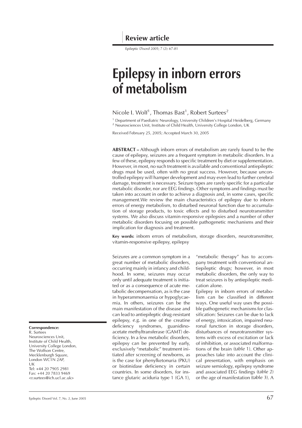 Epilepsy in Inborn Errors of Metabolism
