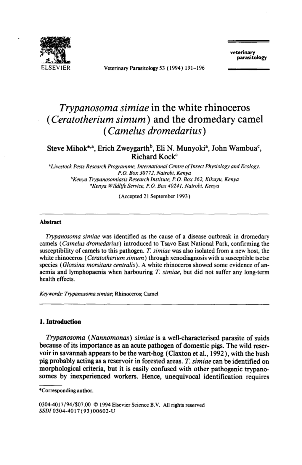 Trypanosoma Simiae in the White Rhinoceros (Ceratotherium Simum) and the Dromedary Camel ( Camelus Dromedarius)