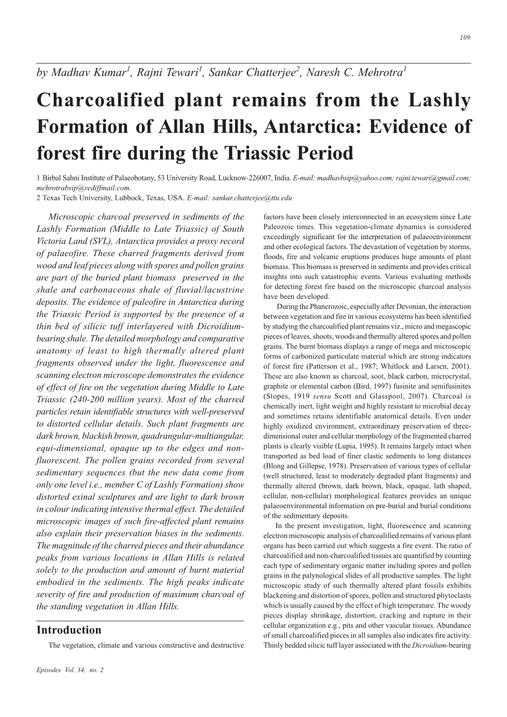 Charcoalified Plant Remains from the Lashly Formation of Allan Hills, Antarctica: Evidence of Forest Fire During the Triassic Period