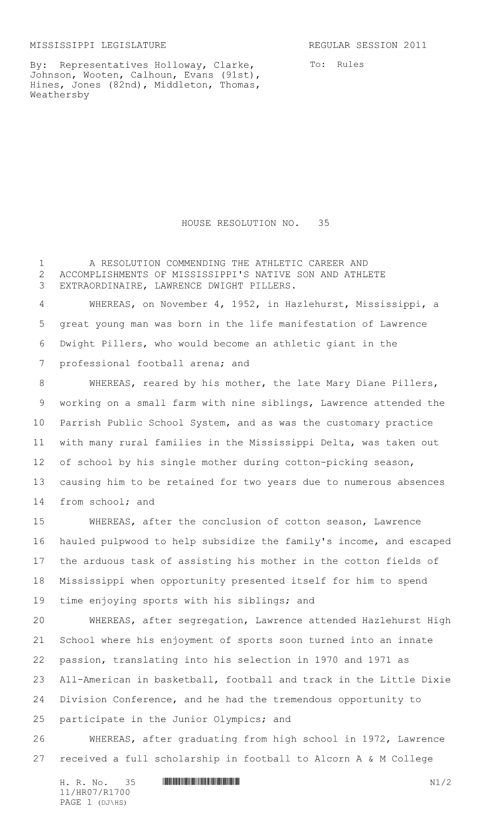 MISSISSIPPI LEGISLATURE REGULAR SESSION 2011 By