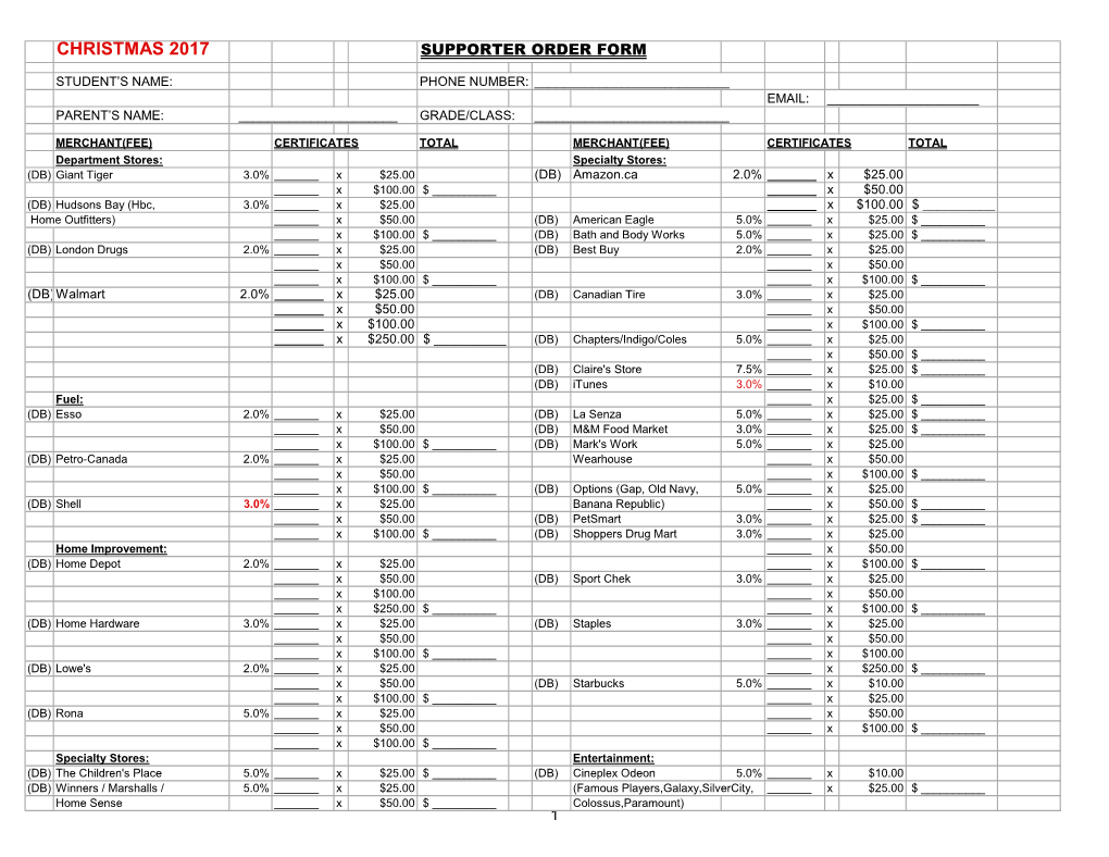 Christmas 2017 Supporter Order Form