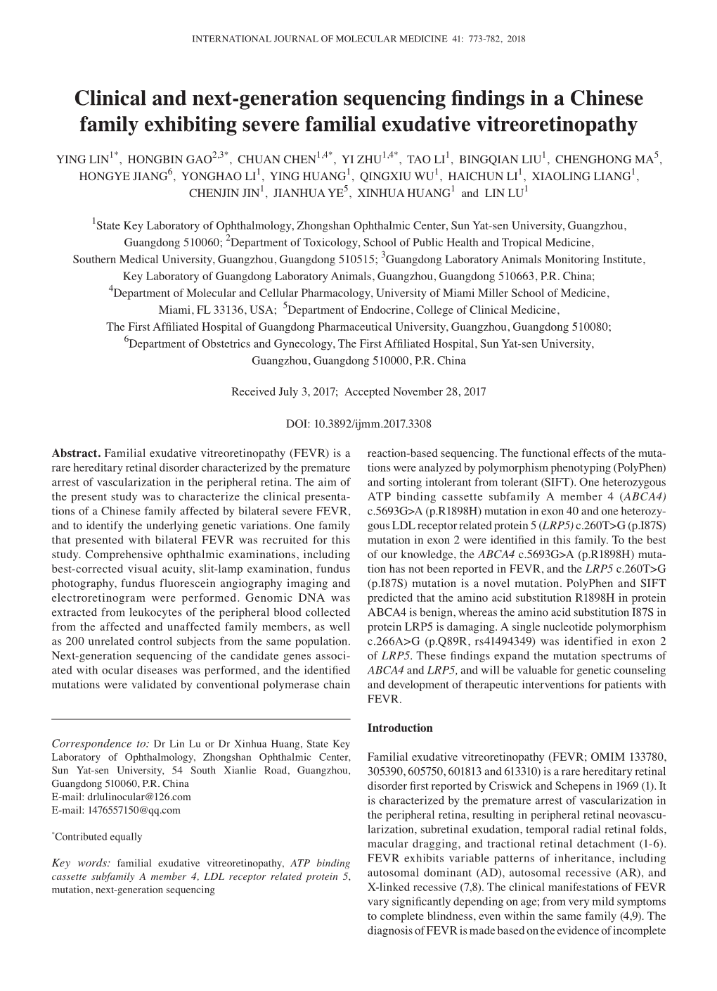 Clinical and Next‑Generation Sequencing Findings in a Chinese Family Exhibiting Severe Familial Exudative Vitreoretinopathy