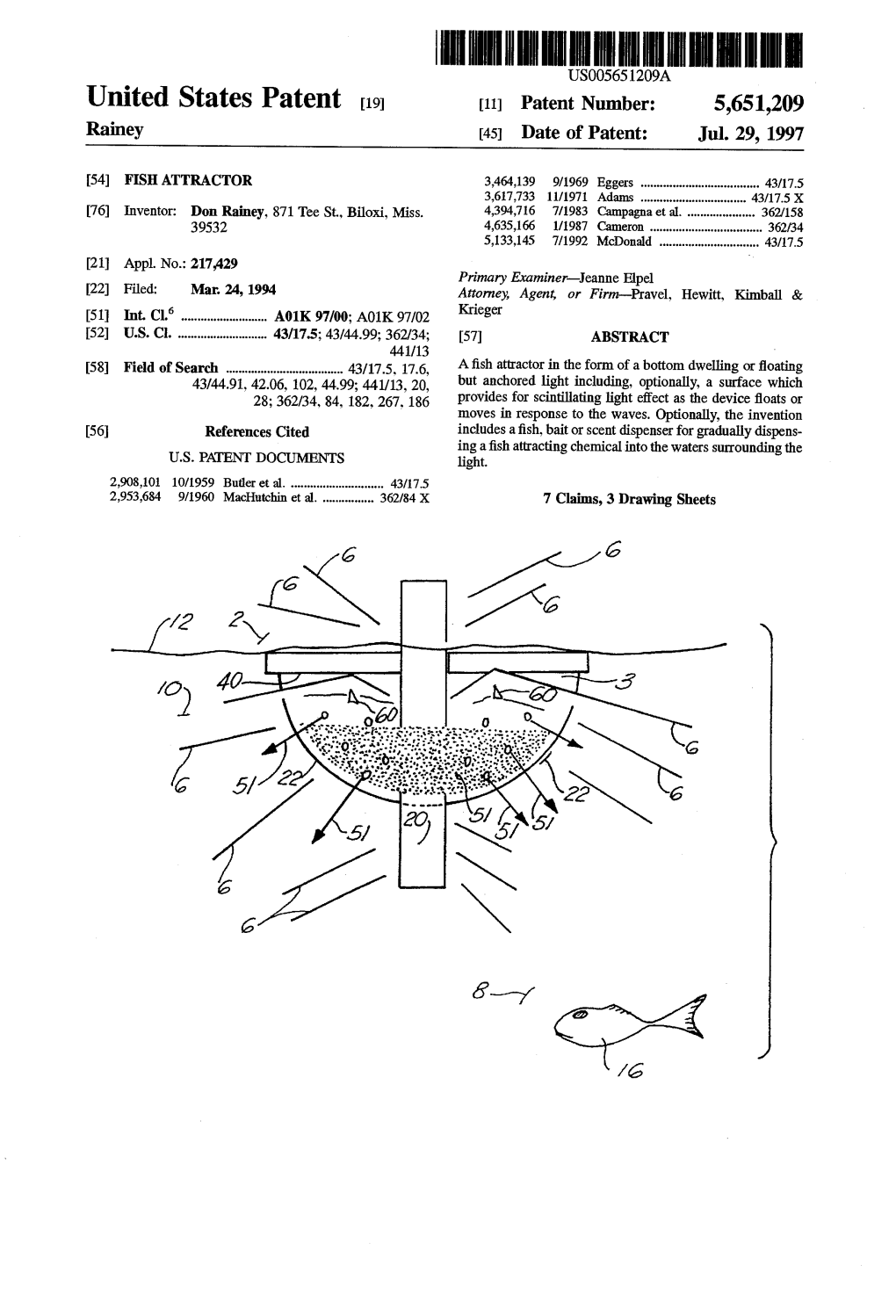 United States Patent 19 11 Patent Number: 5,651,209 Rainey 45 Date of Patent: Jul