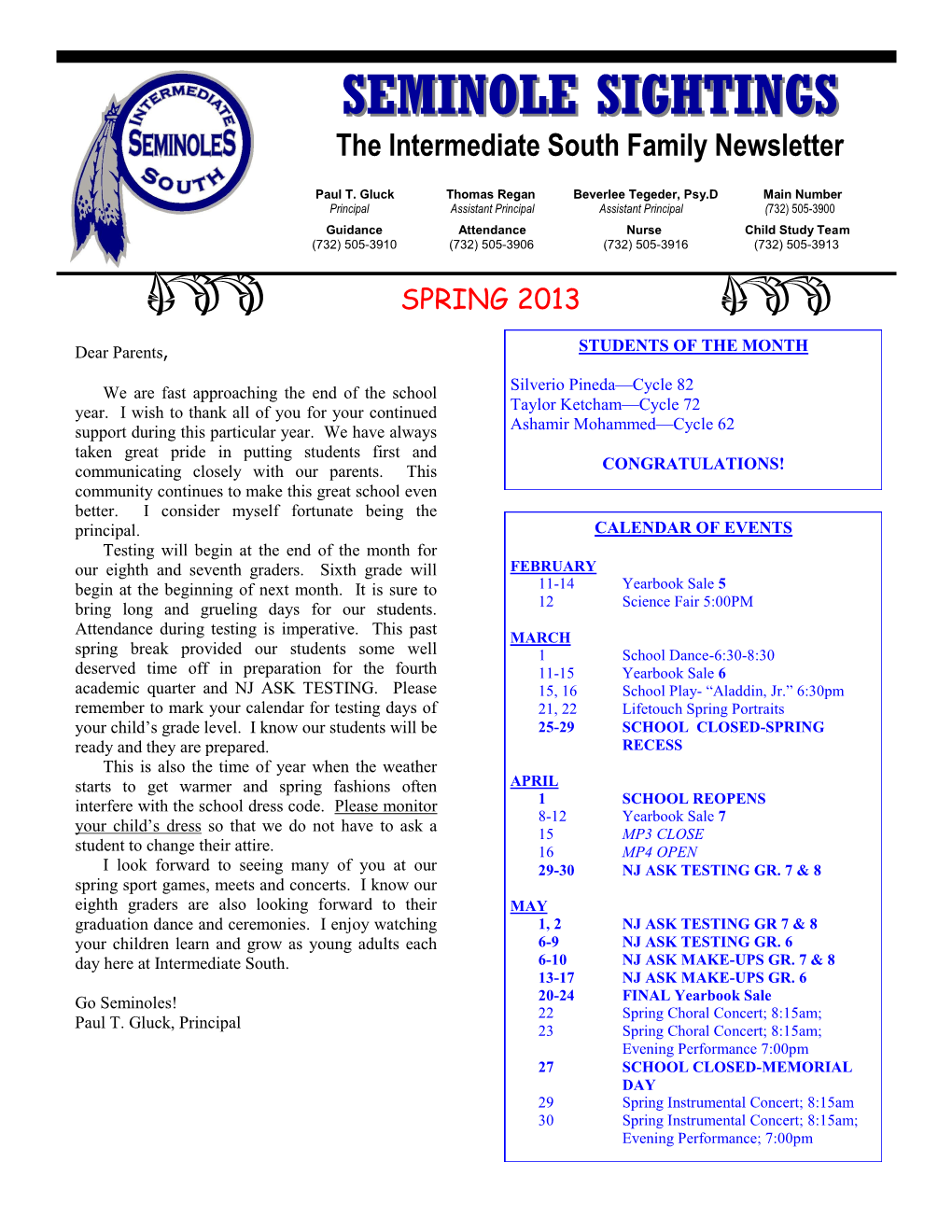 SEMINOLE SIGHTINGSSIGHTINGS the Intermediate South Family Newsletter