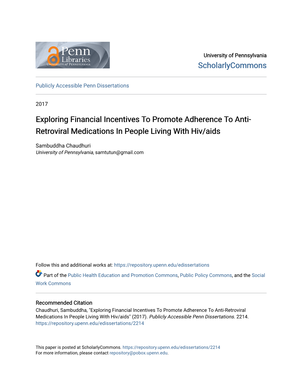 Exploring Financial Incentives to Promote Adherence to Anti-Retroviral Medications in People Living with Hiv/Aids" (2017)