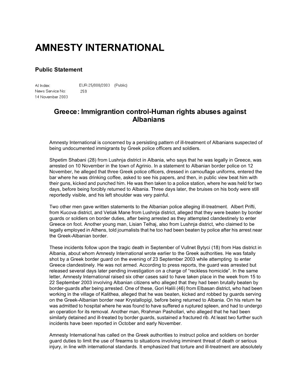 Greece: Immigration Control-Human Rights Abuses Against Albanians