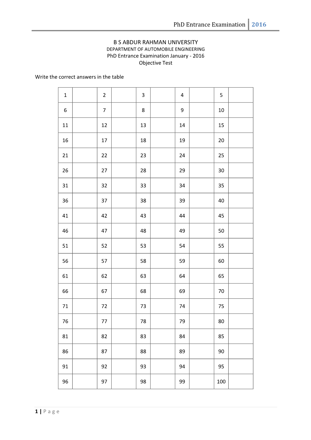 DEPARTMENT of AUTOMOBILE ENGINEERING Phd Entrance Examination January - 2016 Objective Test