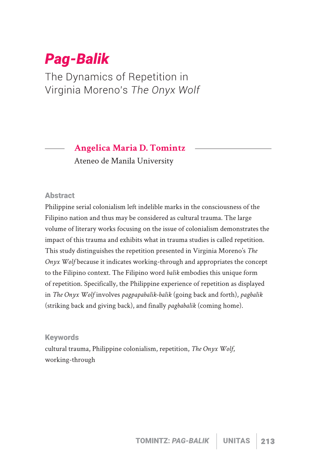 Pag-Balik the Dynamics of Repetition in Virginia Moreno's the Onyx Wolf