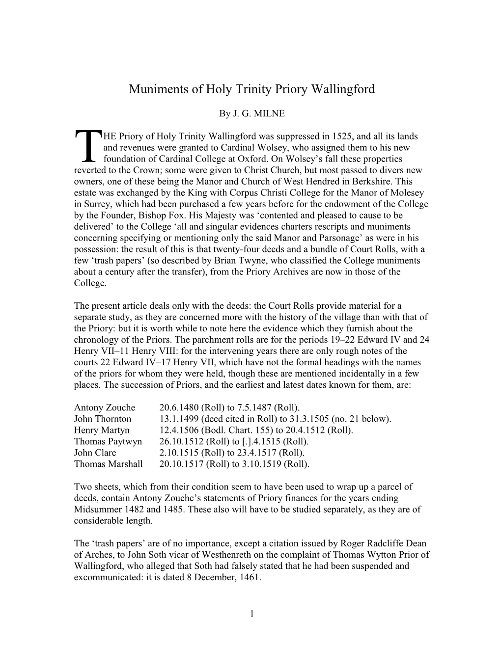 Muniments of Holy Trinity Priory