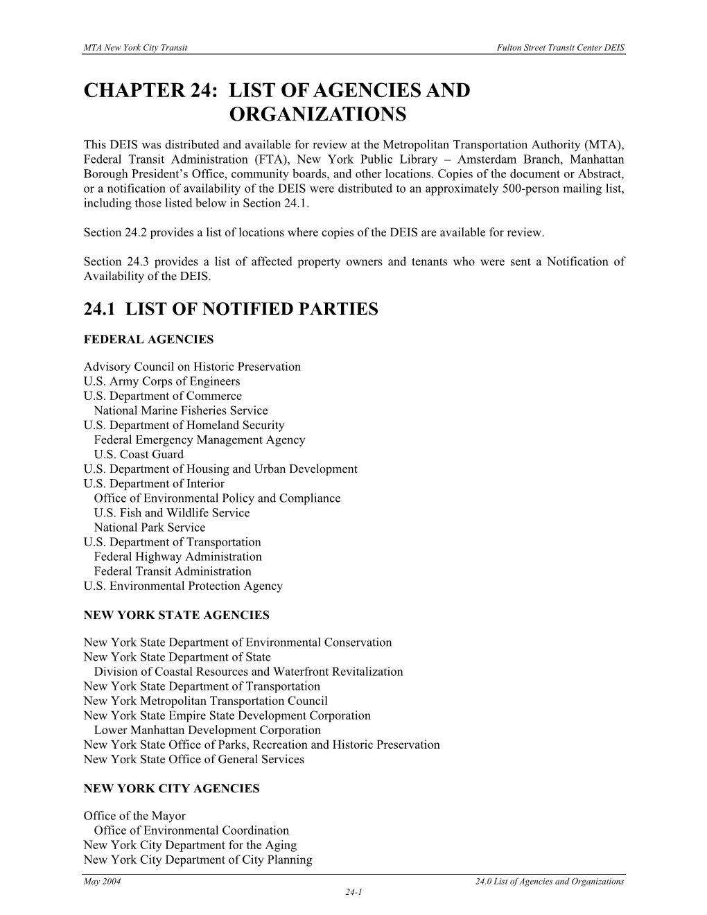 Chapter 24: List of Agencies and Organizations