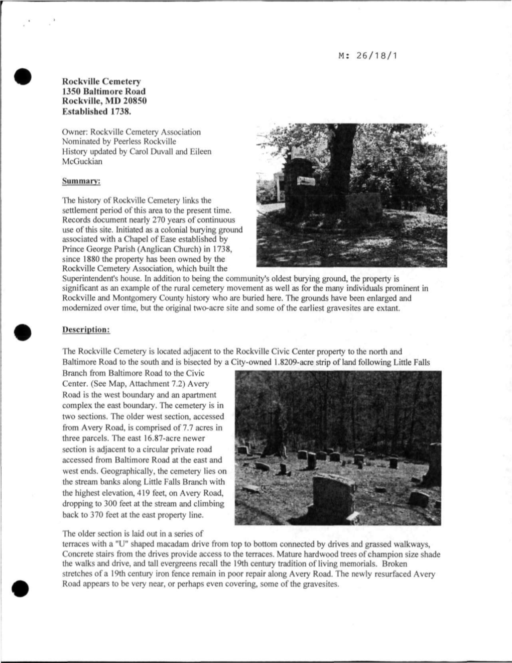 Rockville Cemetery Association Nominated by Peerless Rockville History Updated by Carol Duvall and Eileen Mcguckian