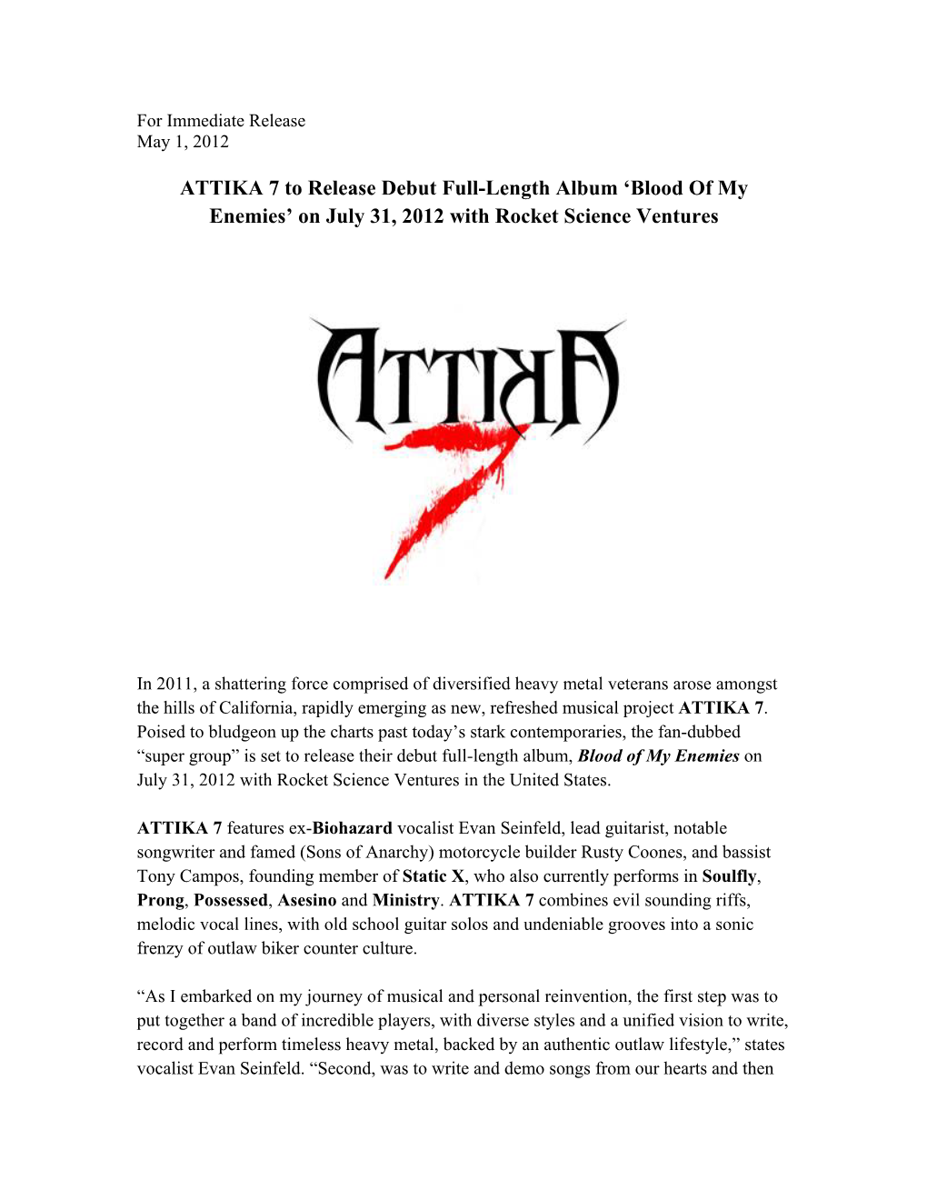 ATTIKA 7 to Release Debut Full-Length Album ‘Blood of My Enemies’ on July 31, 2012 with Rocket Science Ventures