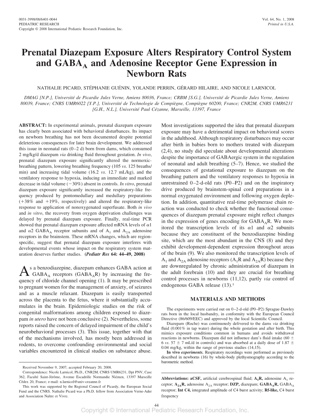 Prenatal Diazepam Exposure Alters Respiratory Control System and GABAA and Adenosine Receptor Gene Expression in Newborn Rats