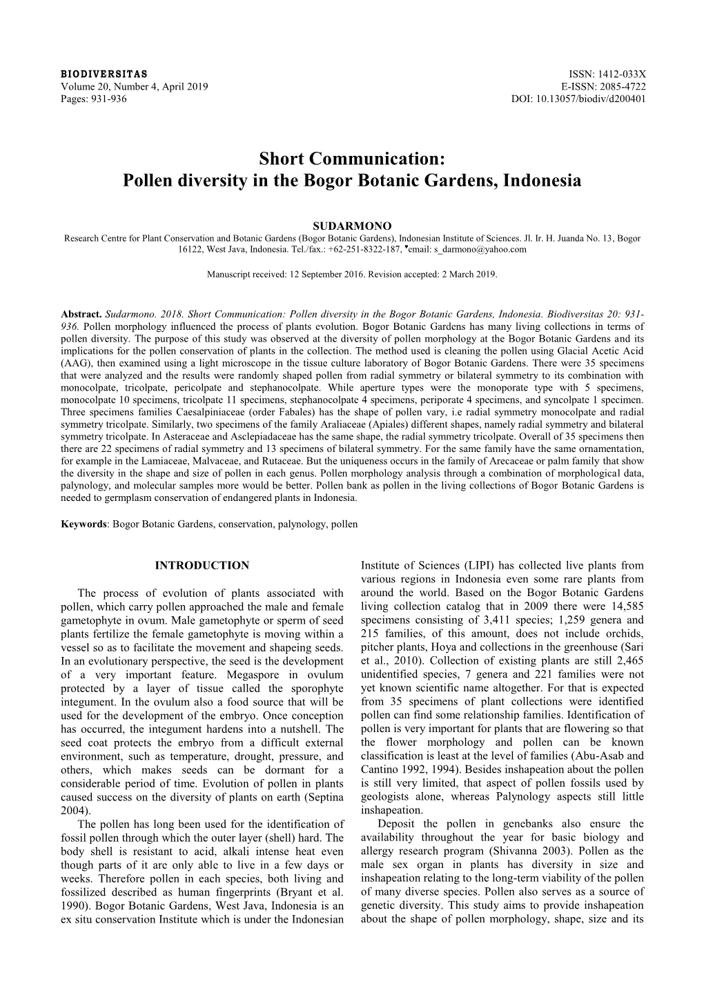Pollen Diversity in the Bogor Botanic Gardens, Indonesia