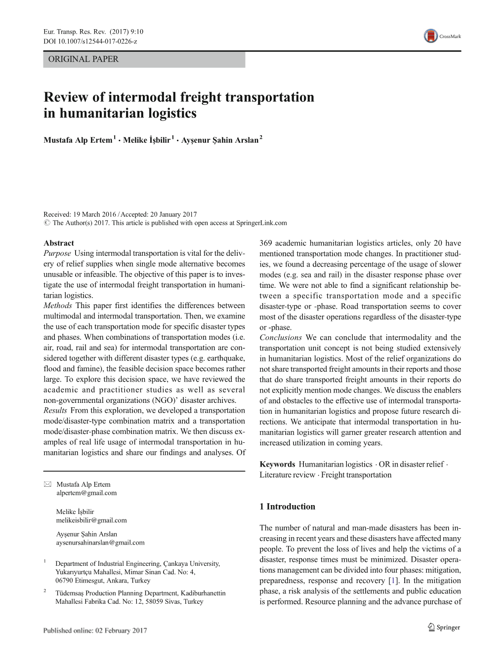 Review of Intermodal Freight Transportation in Humanitarian Logistics