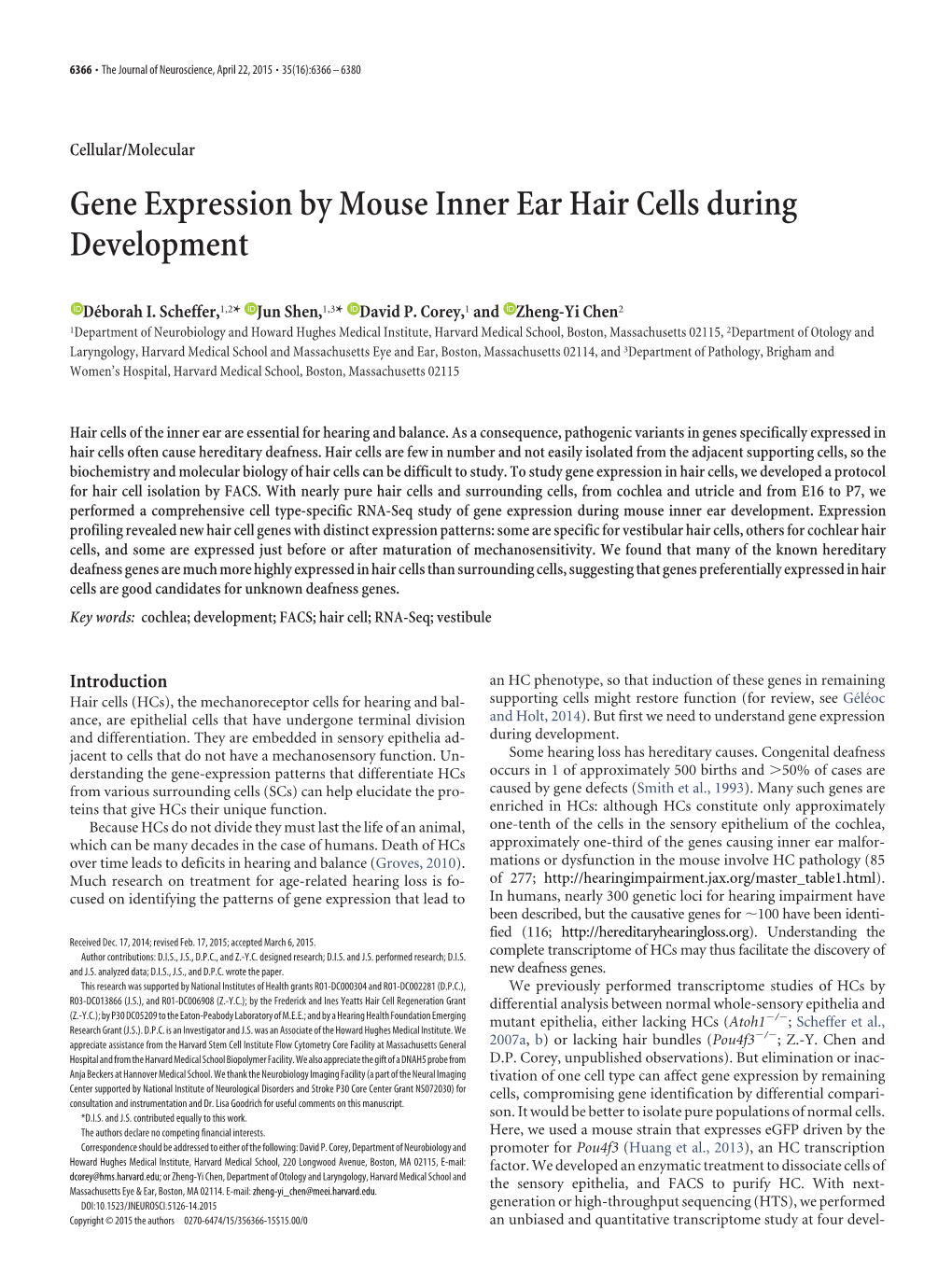 Gene Expression by Mouse Inner Ear Hair Cells During Development