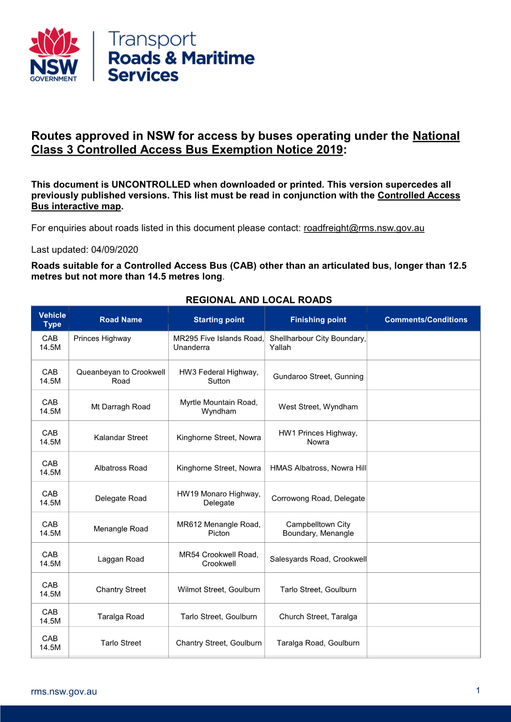 Routes Approved in NSW for Access by Buses Operating Under the National Class 3 Controlled Access Bus Exemption Notice 2019