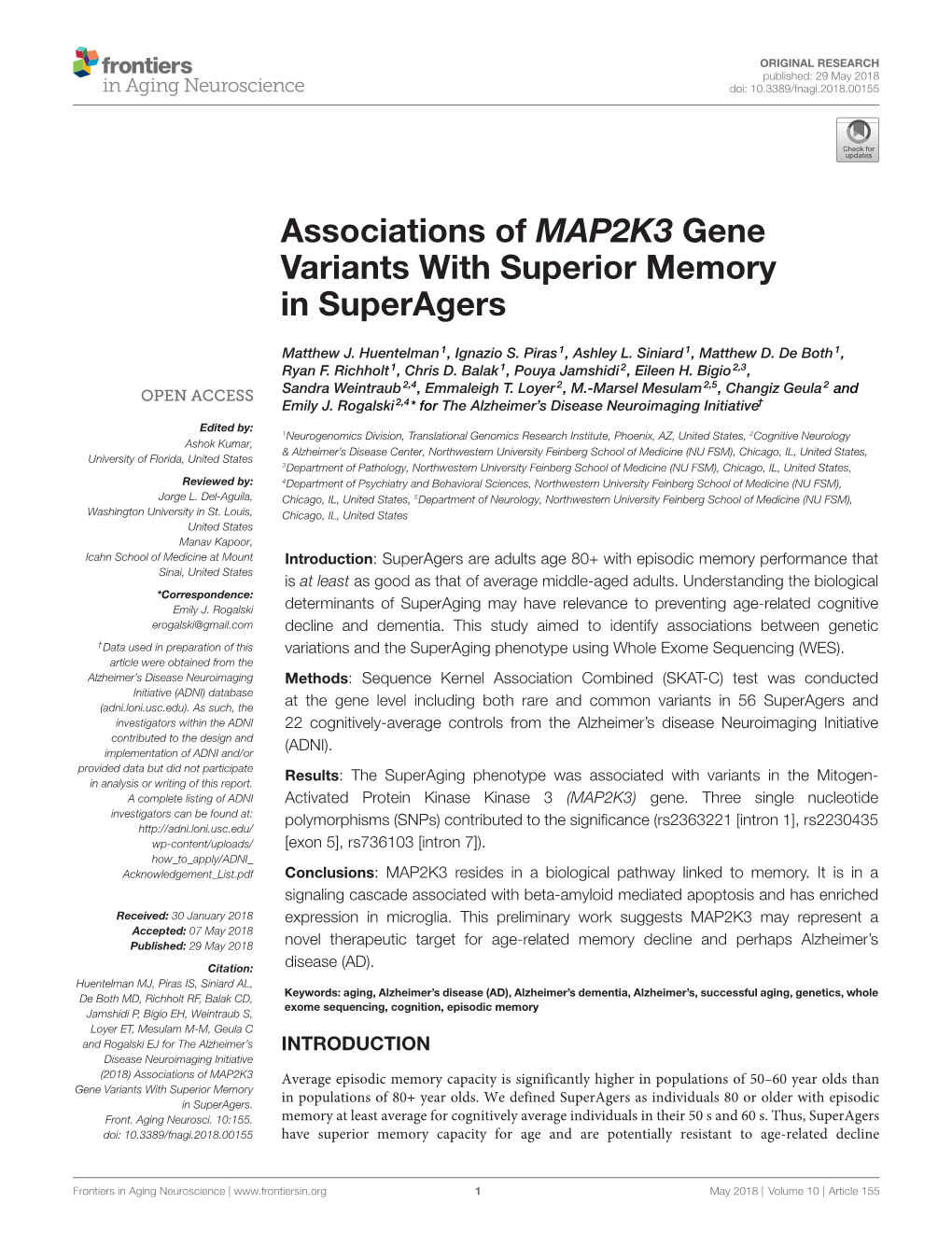 Associations of MAP2K3 Gene Variants with Superior Memory in Superagers