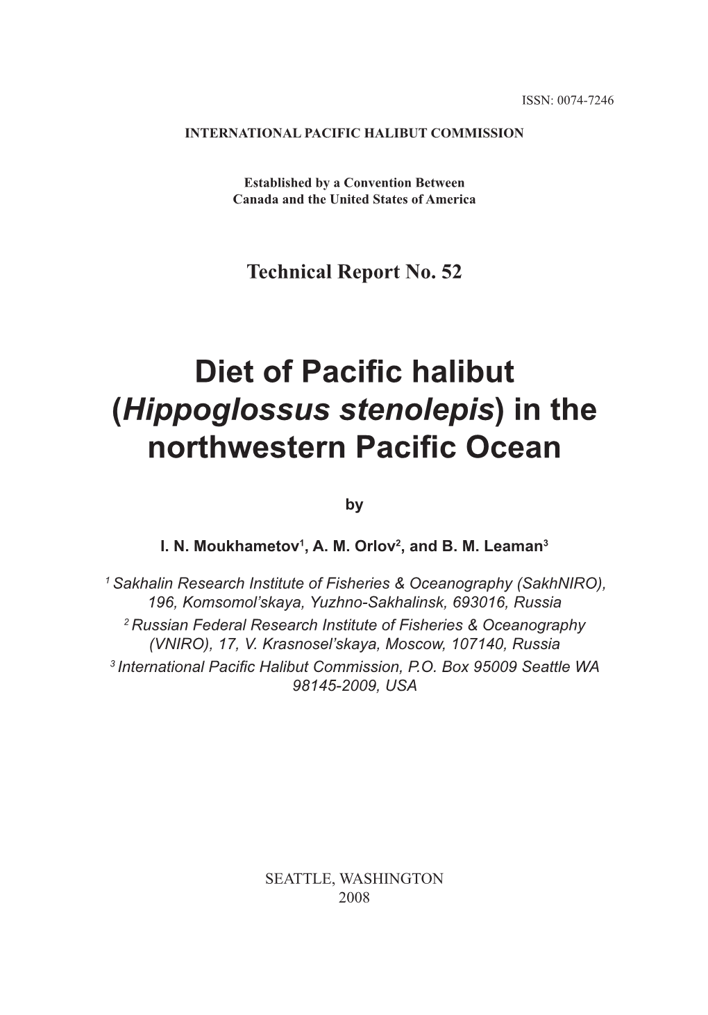 (Hippoglossus Stenolepis) in the Northwestern Pacific Ocean