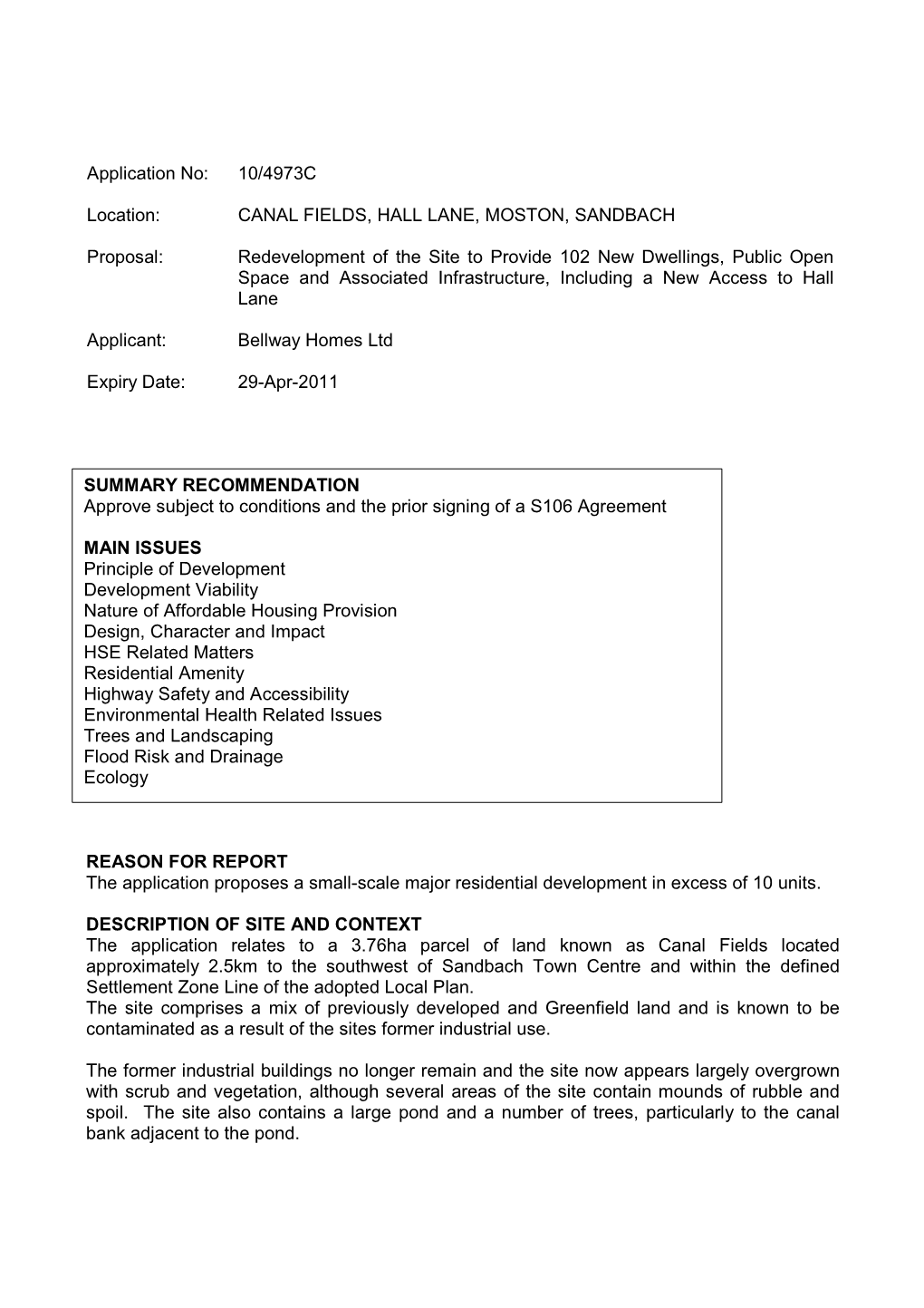 CANAL FIELDS, HALL LANE, MOSTON, SANDBACH Proposal