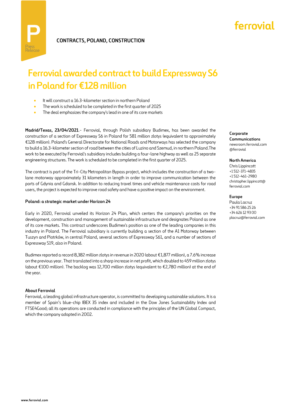 Ferrovial Awarded Contract to Build Expressway S6 in Poland for €128 Million