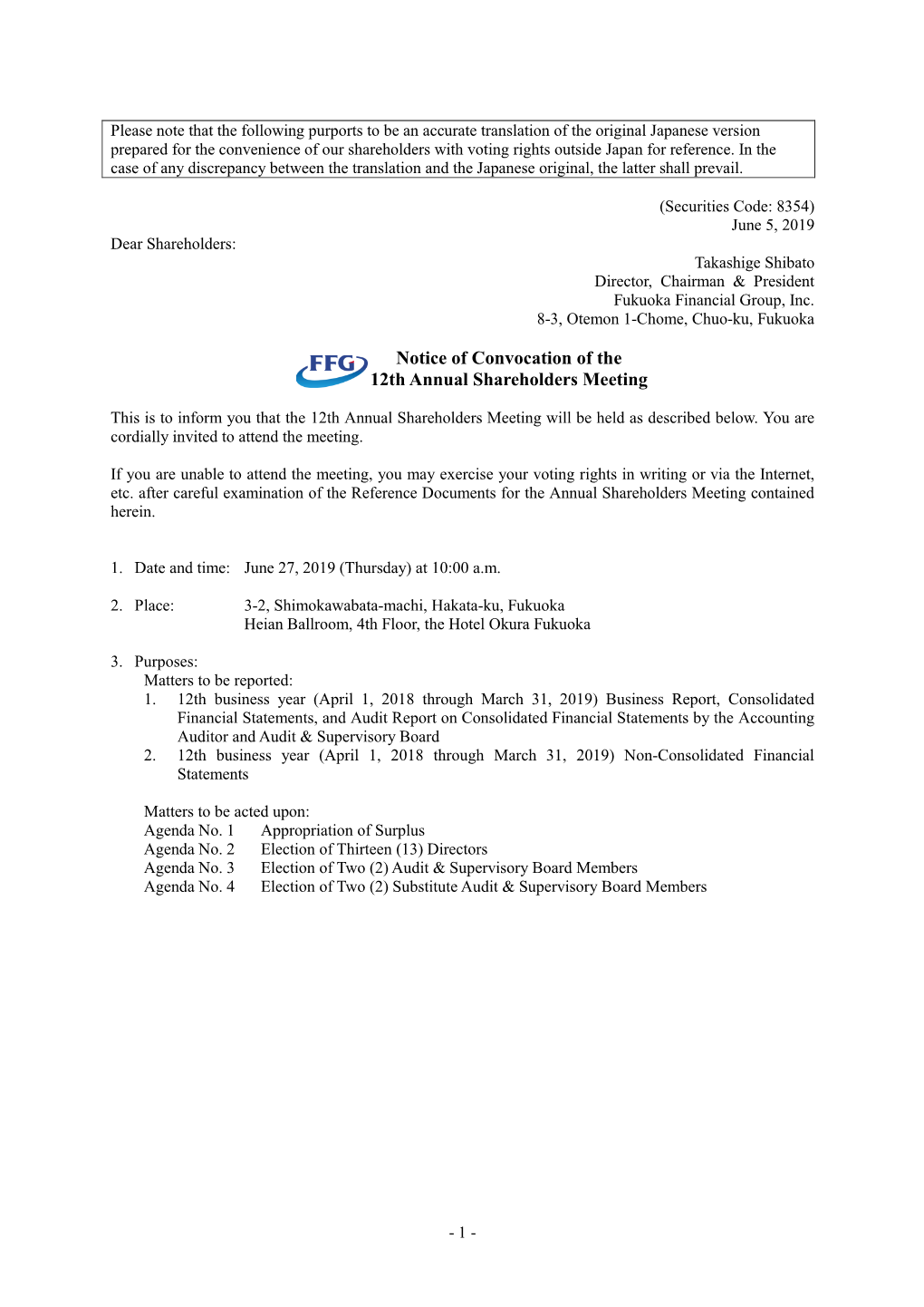 Notice of Convocation of the 12Th Annual Shareholders Meeting