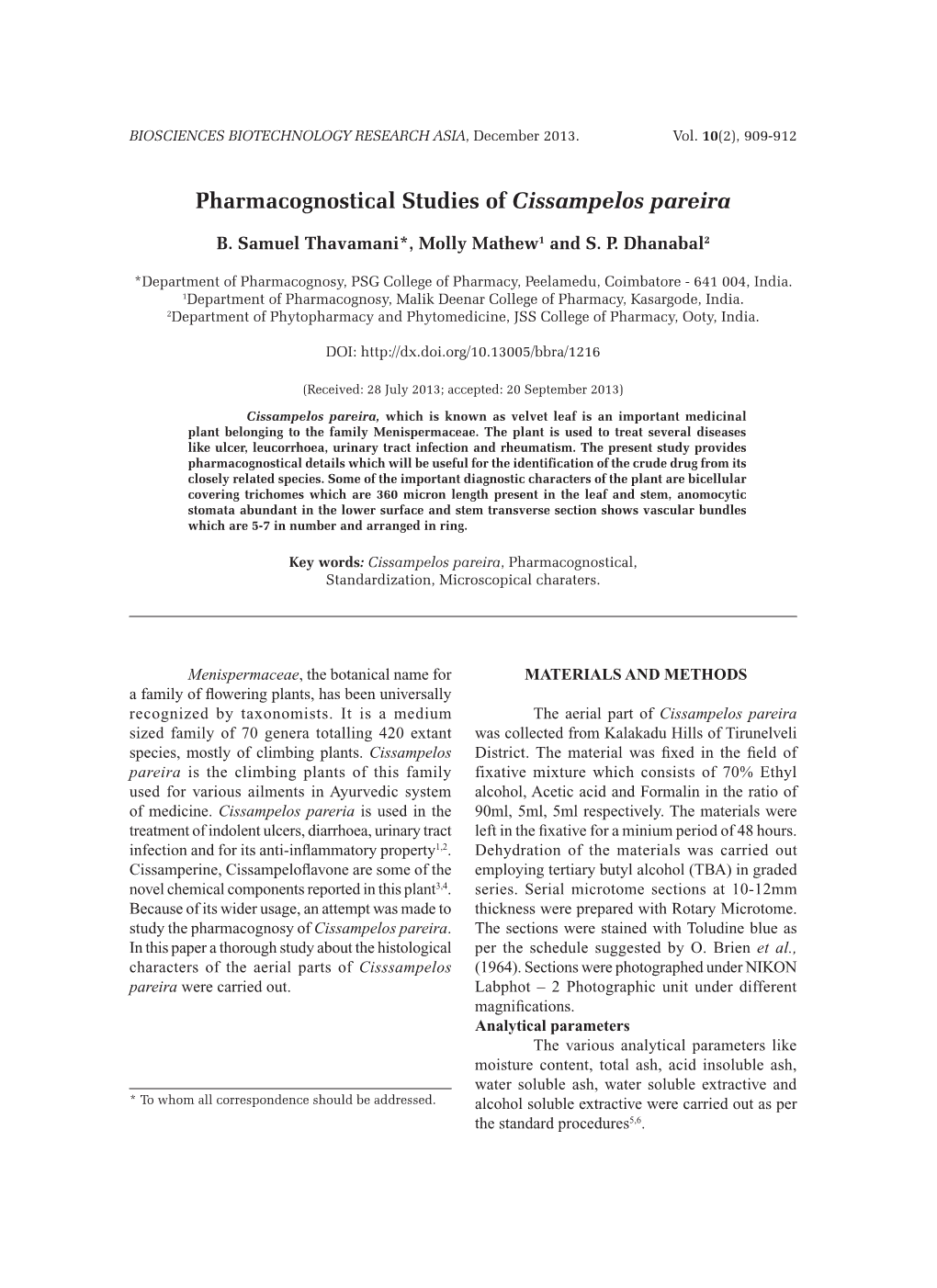 Pharmacognostical Studies of Cissampelos Pareira