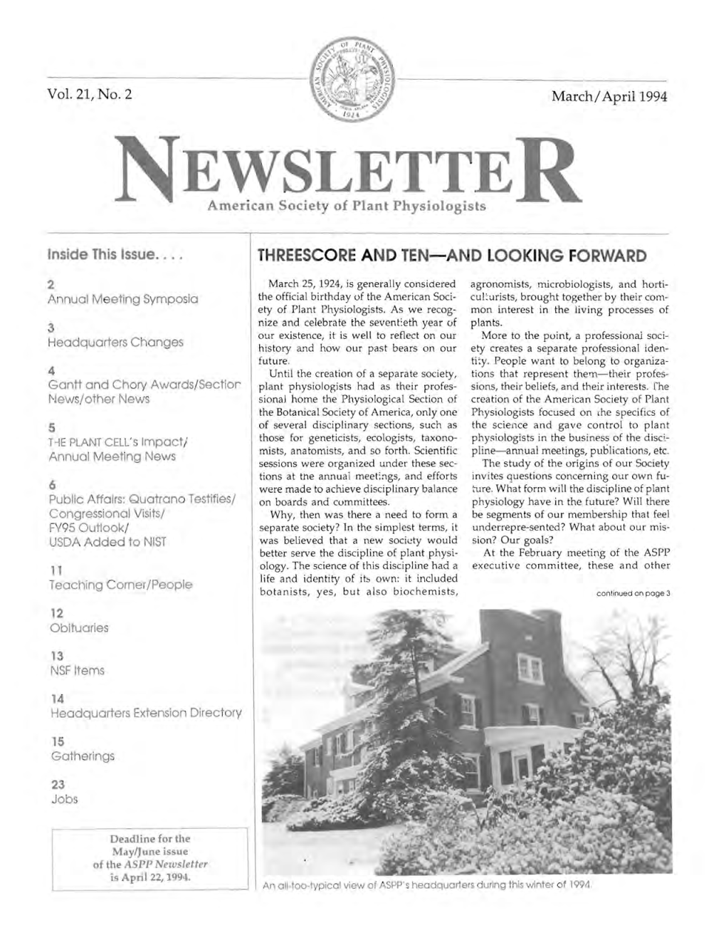 NEWSLETTE American Society of Plant Physiologists