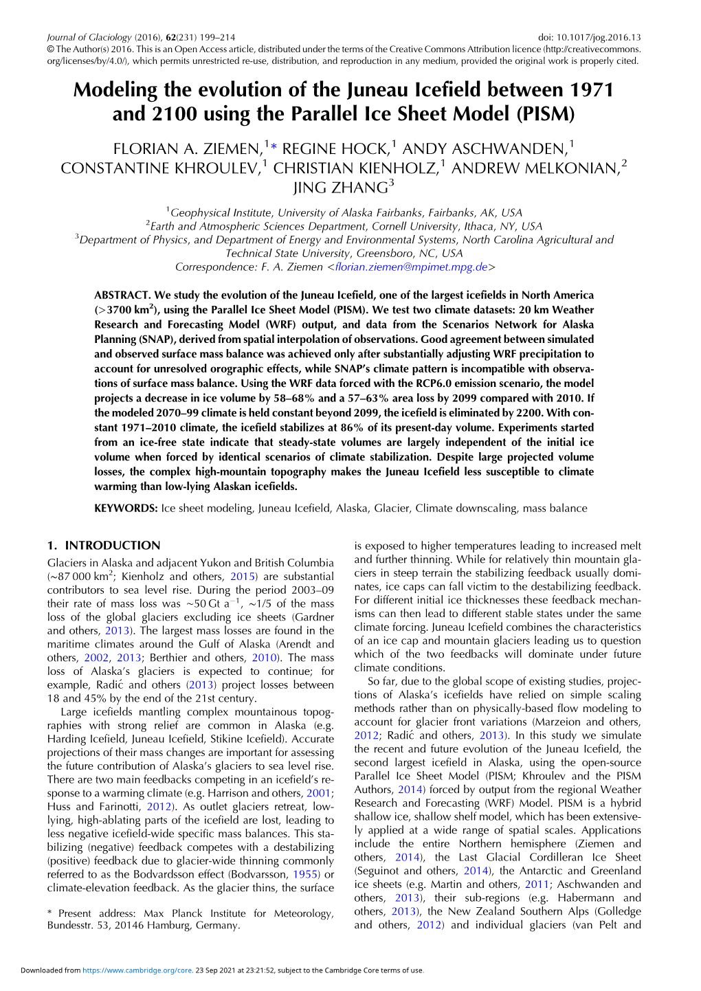 Modeling the Evolution of the Juneau Icefield Between 1971 and 2100 Using the Parallel Ice Sheet Model (PISM)