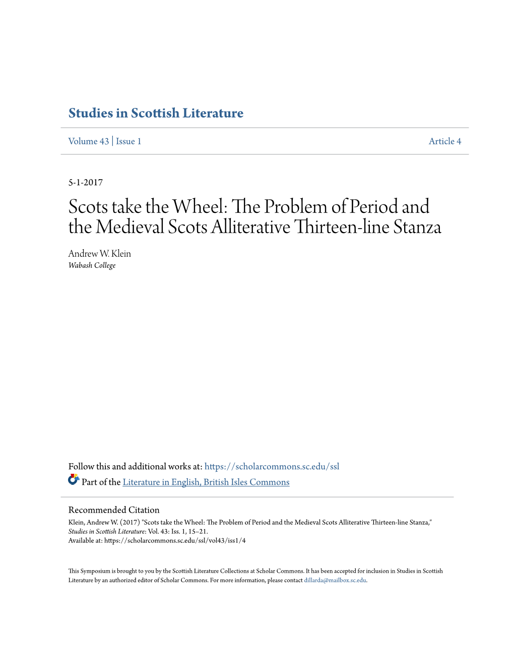 The Problem of Period and the Medieval Scots Alliterative Thirteen-Line Stanza