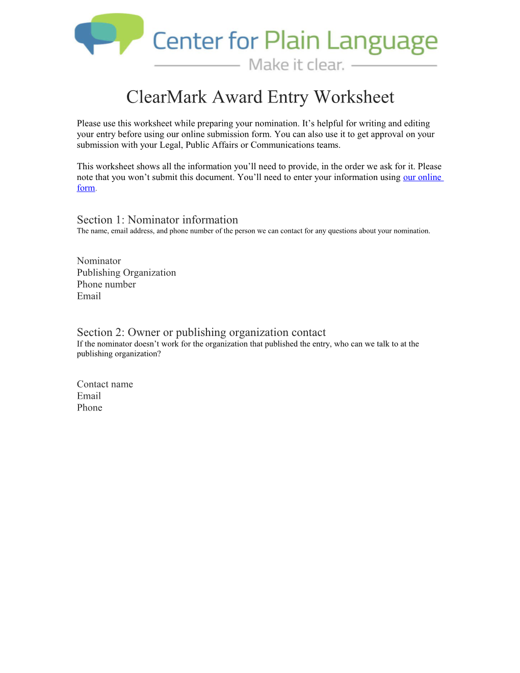 Clearmark Award Entry Worksheet