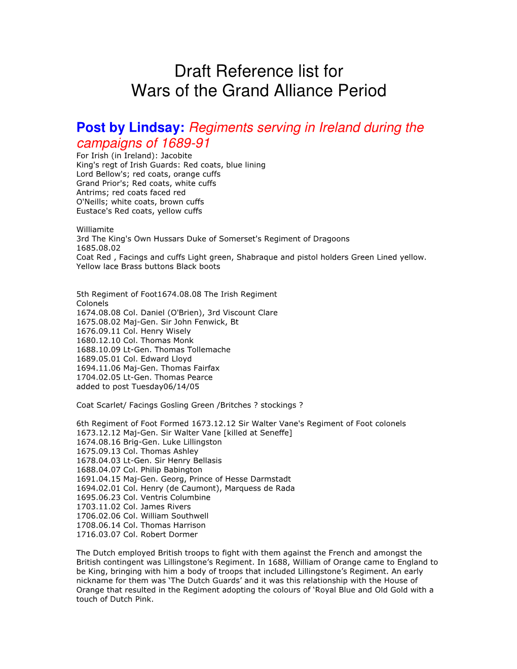 Draft Reference List for Wars of the Grand Alliance Period