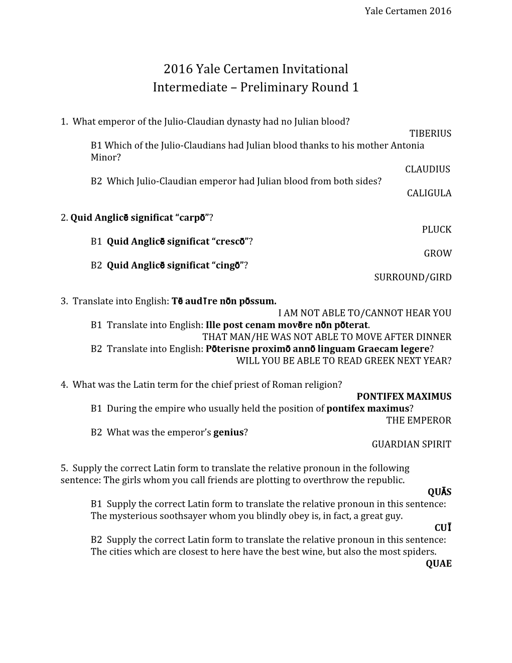 2016​​Yale​​Certamen​​Invitational Intermediate